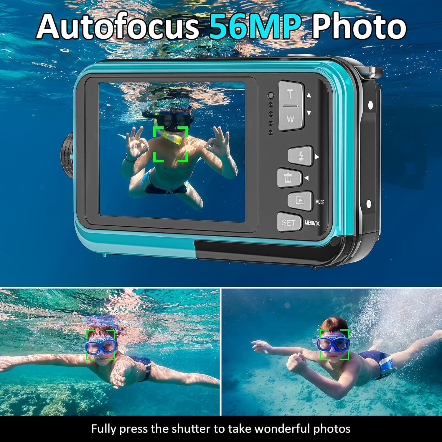 ShotCorix Waterproof Digital Camera 56MP 4K UHD Dual Screen 11FT Underwater Selfie Cam