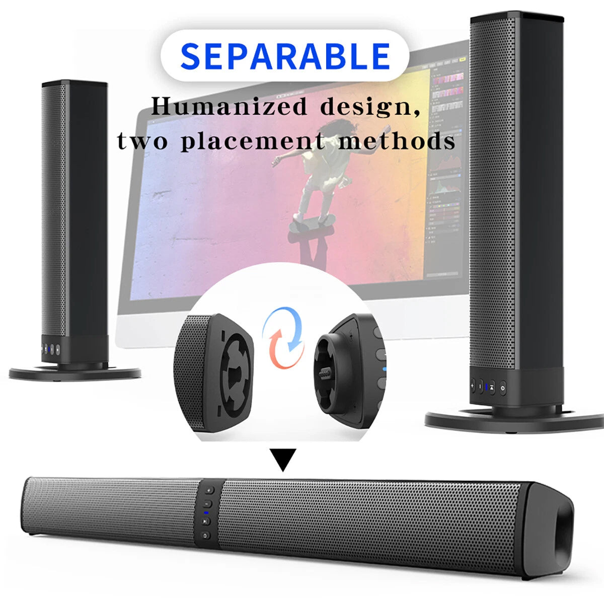 BariSovix TV Soundbar Detachable Bluetooth 5.0 Wireless Speaker System