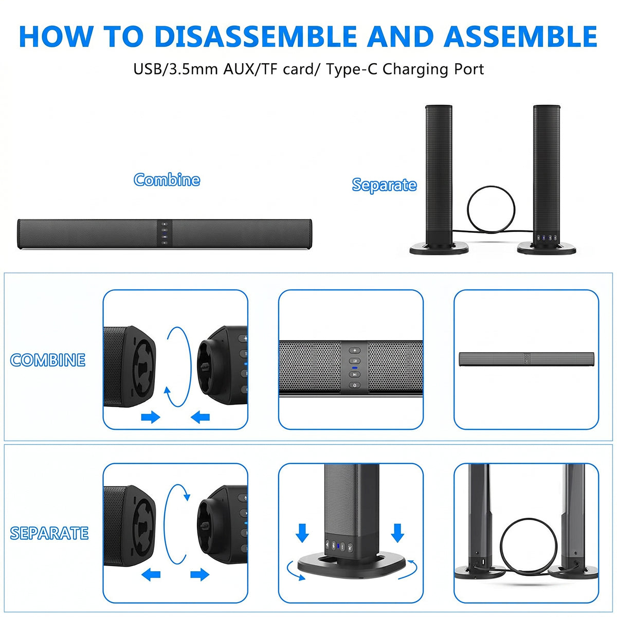 BariSovix TV Soundbar Detachable Bluetooth 5.0 Wireless Speaker System