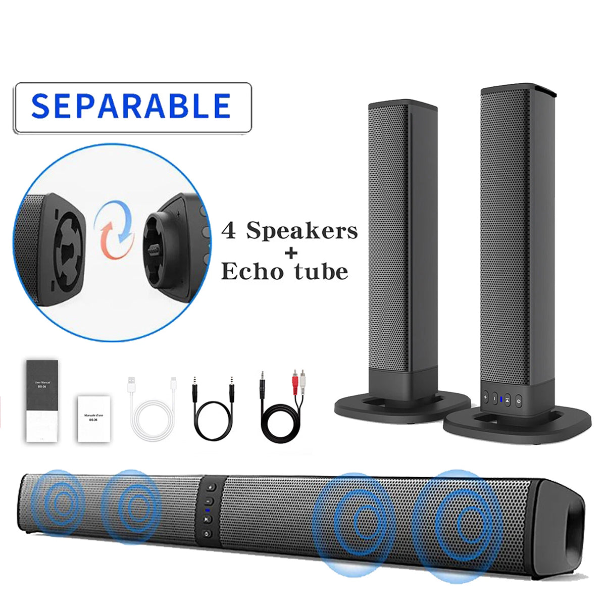 BariSovix TV Soundbar Detachable Bluetooth 5.0 Wireless Speaker System