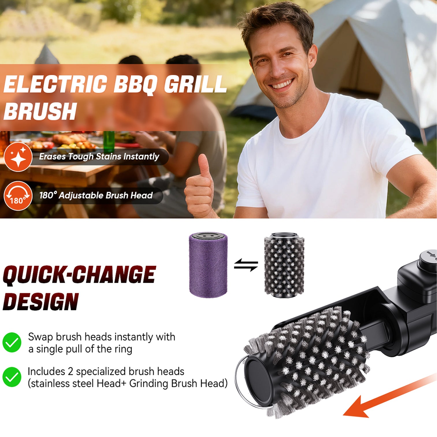 BruxMixi Electric Grill Brush 8-Angle Adjustable Head with 400 RPM 3-Speed Motor and IPX7 Waterproof Design