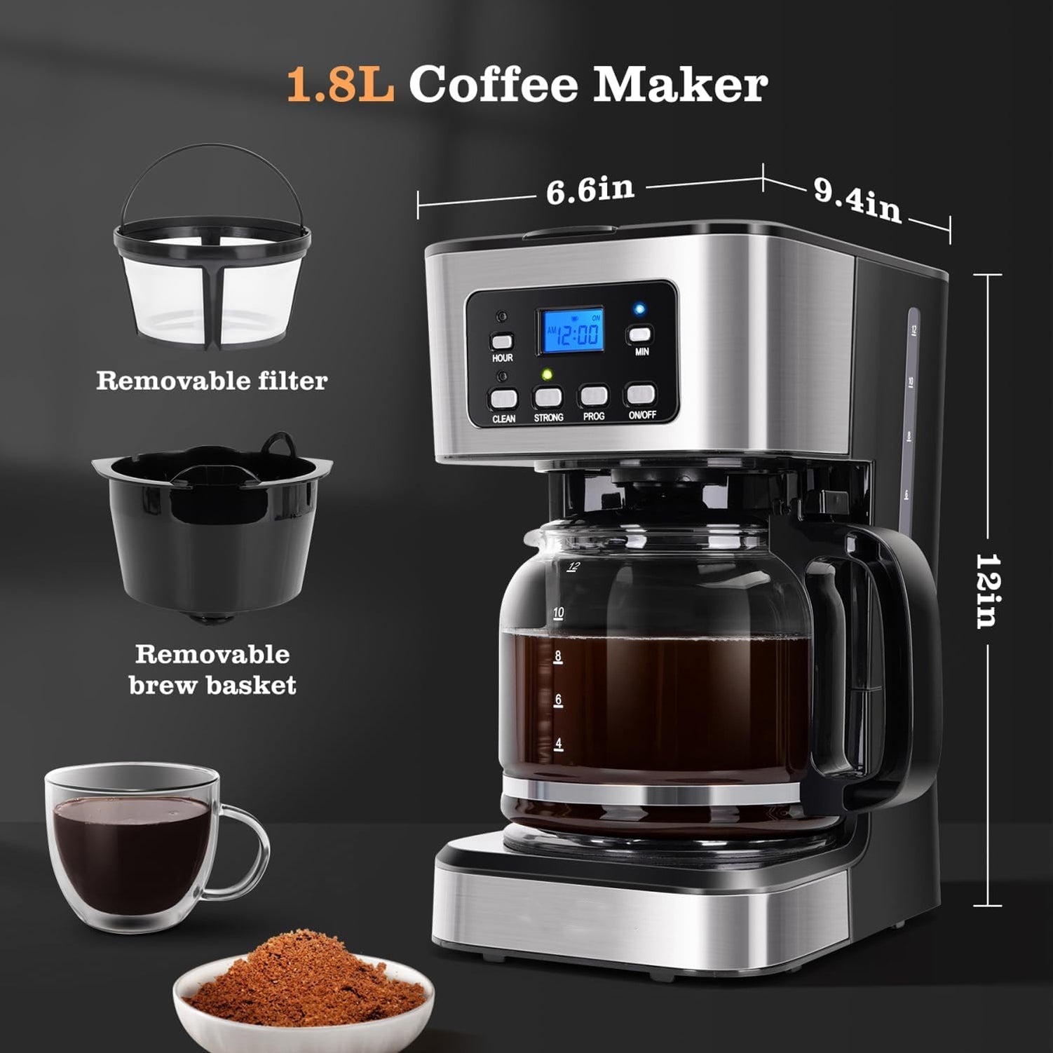 Automatic Drip Coffee Maker - Electric Glass Carafe Coffee Brewer for Home & Office