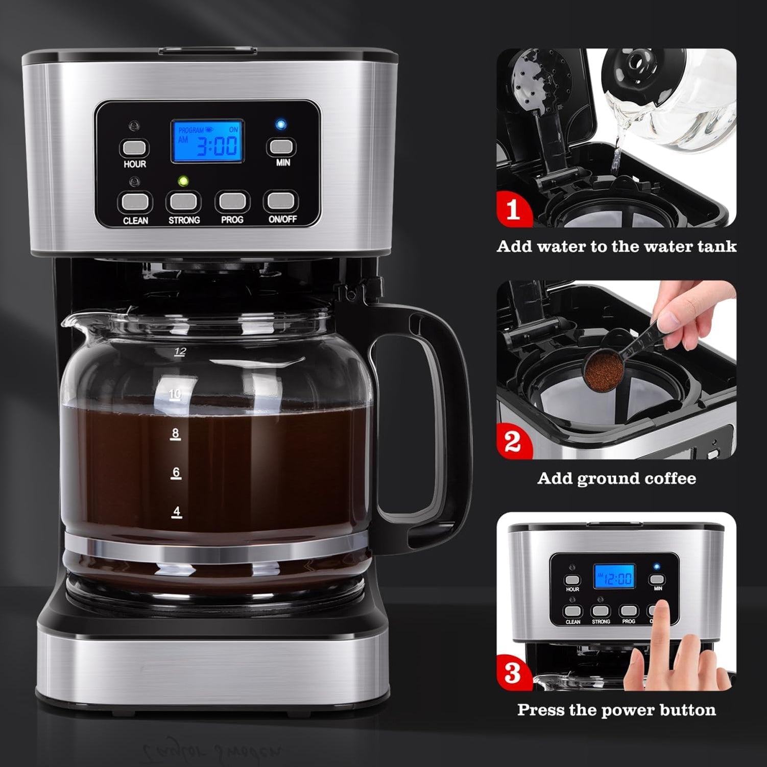 Automatic Drip Coffee Maker - Electric Glass Carafe Coffee Brewer for Home & Office