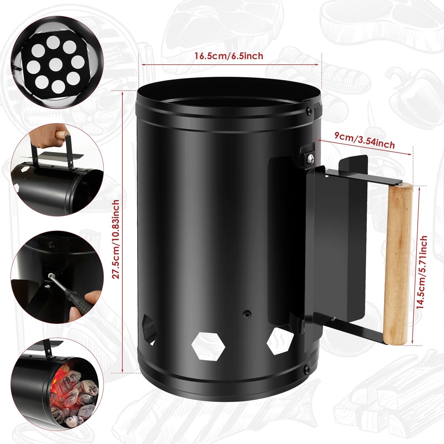 ChimiLaci Charcoal Chimney Starter Large Capacity 10-20 Min Iron Electrophoresis No Lighter Fluid