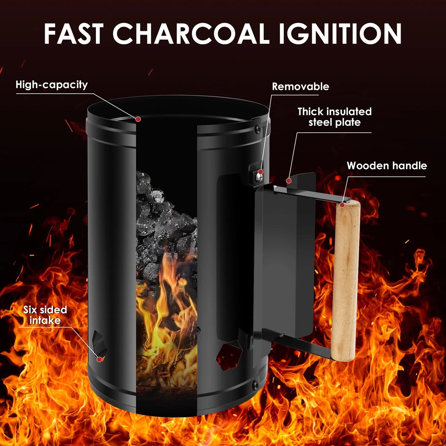 ChimiLaci Charcoal Chimney Starter Large Capacity 10-20 Min Iron Electrophoresis No Lighter Fluid