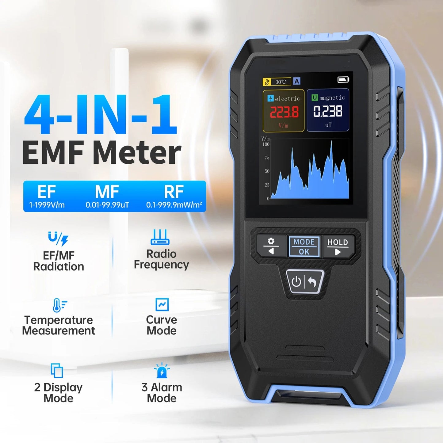 DetexMifi EMF Detector 3-in-1 0.01μT Precision 2.4" Color Screen 1000mW/cm² Meter