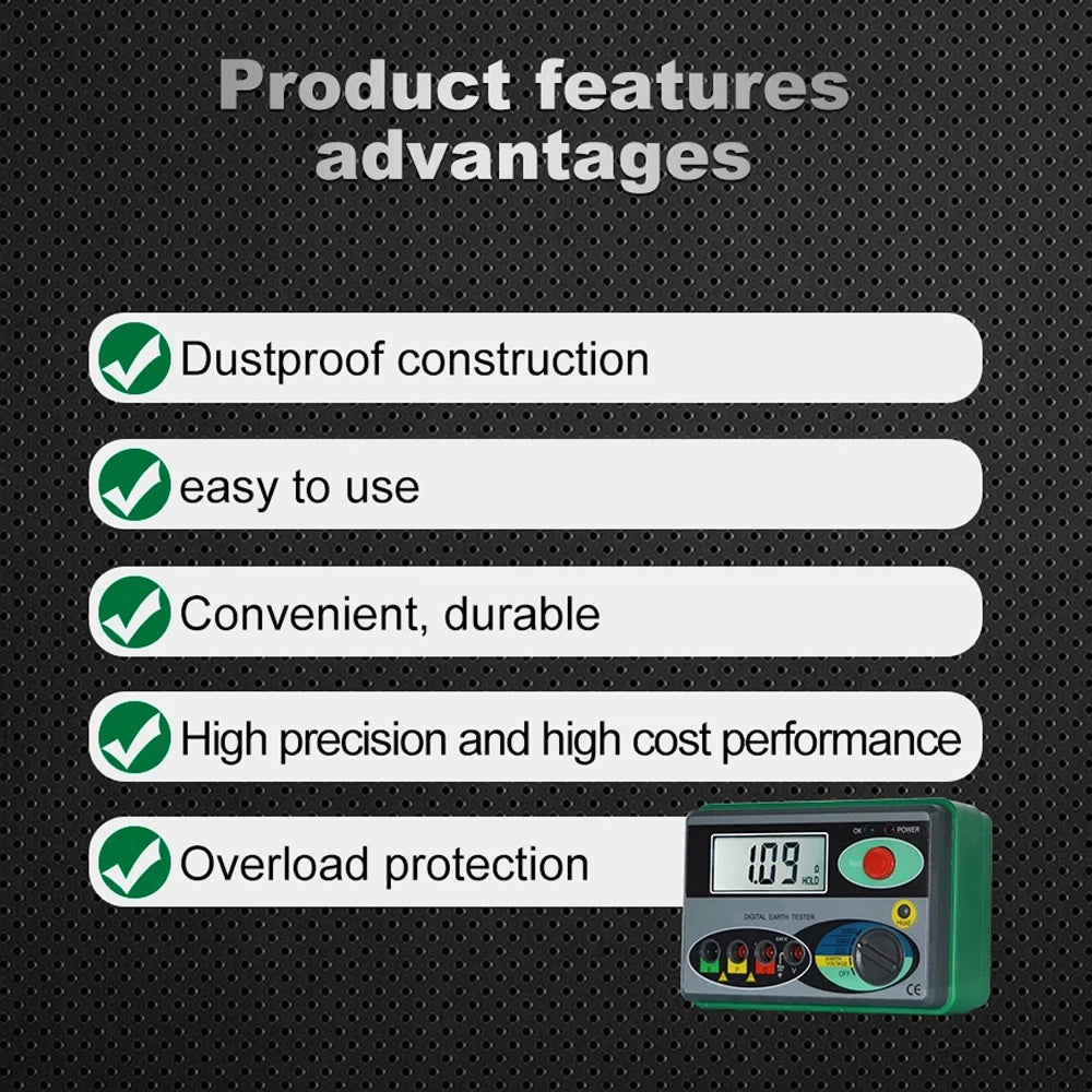 Digital Earth Ground Tester 0-2000 Ohm Resistance Meter 500V Overload Protection Waterproof Outdoor EthixLovi