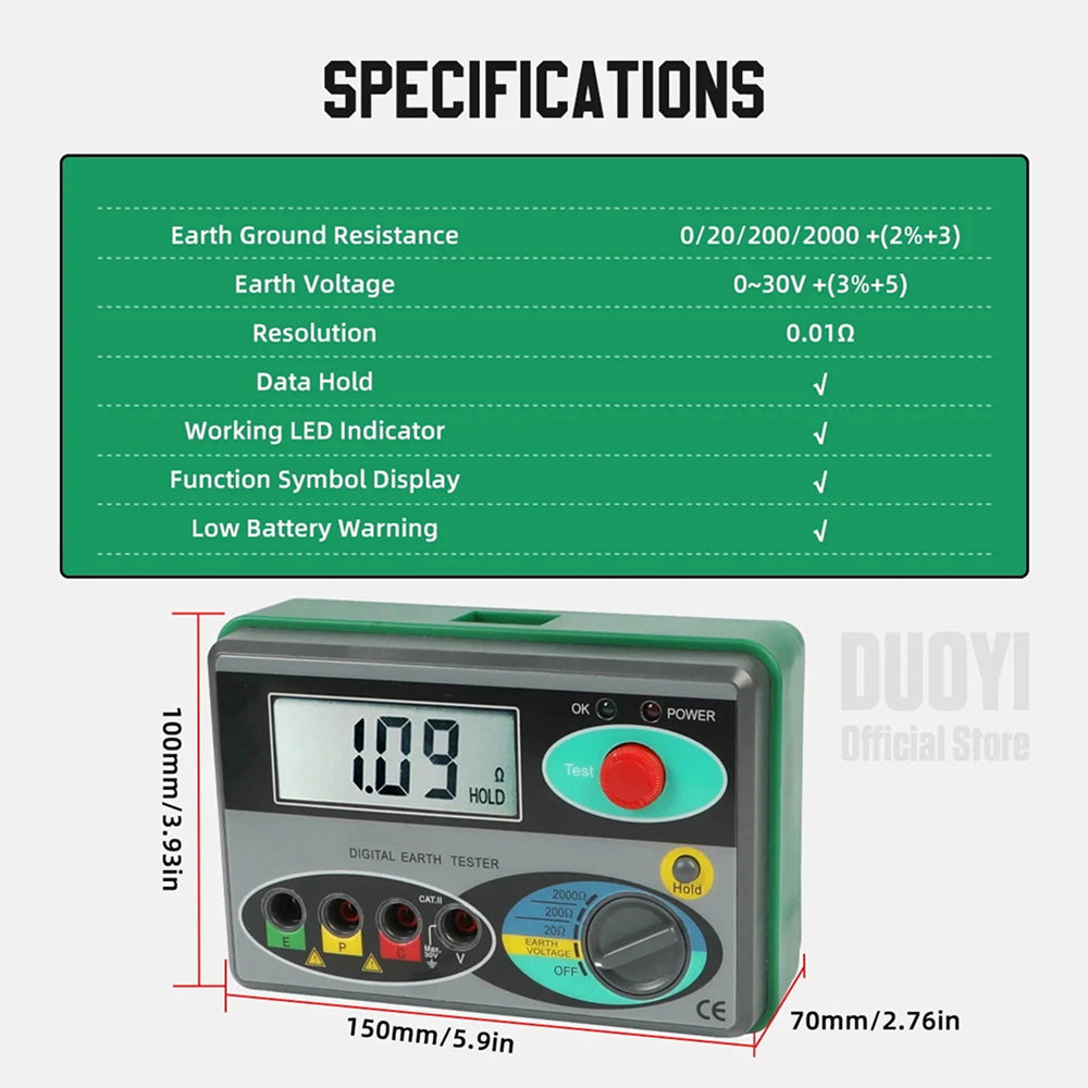 Digital Earth Ground Tester 0-2000 Ohm Resistance Meter 500V Overload Protection Waterproof Outdoor EthixLovi