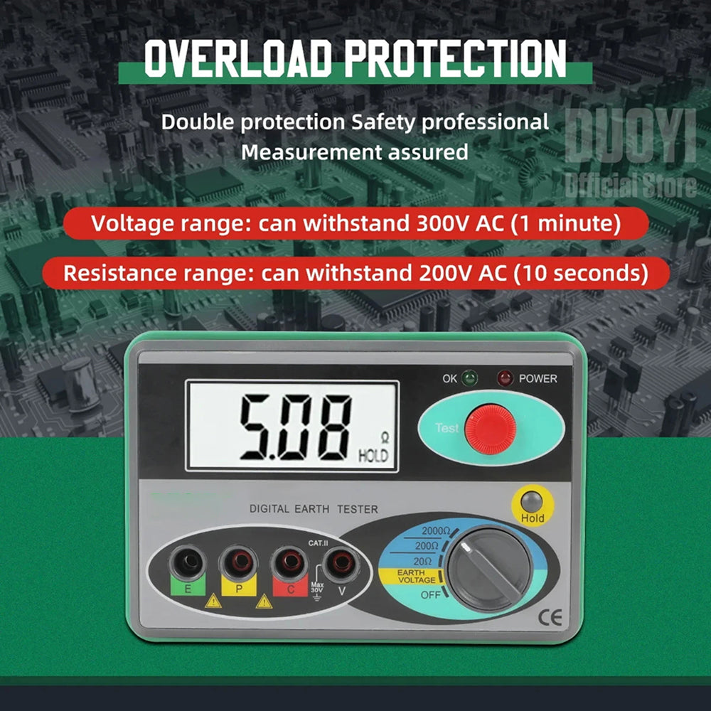 Digital Earth Ground Tester 0-2000 Ohm Resistance Meter 500V Overload Protection Waterproof Outdoor EthixLovi