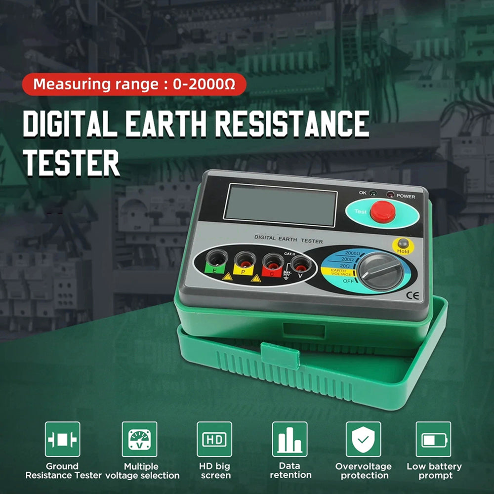 Digital Earth Ground Tester 0-2000 Ohm Resistance Meter 500V Overload Protection Waterproof Outdoor EthixLovi