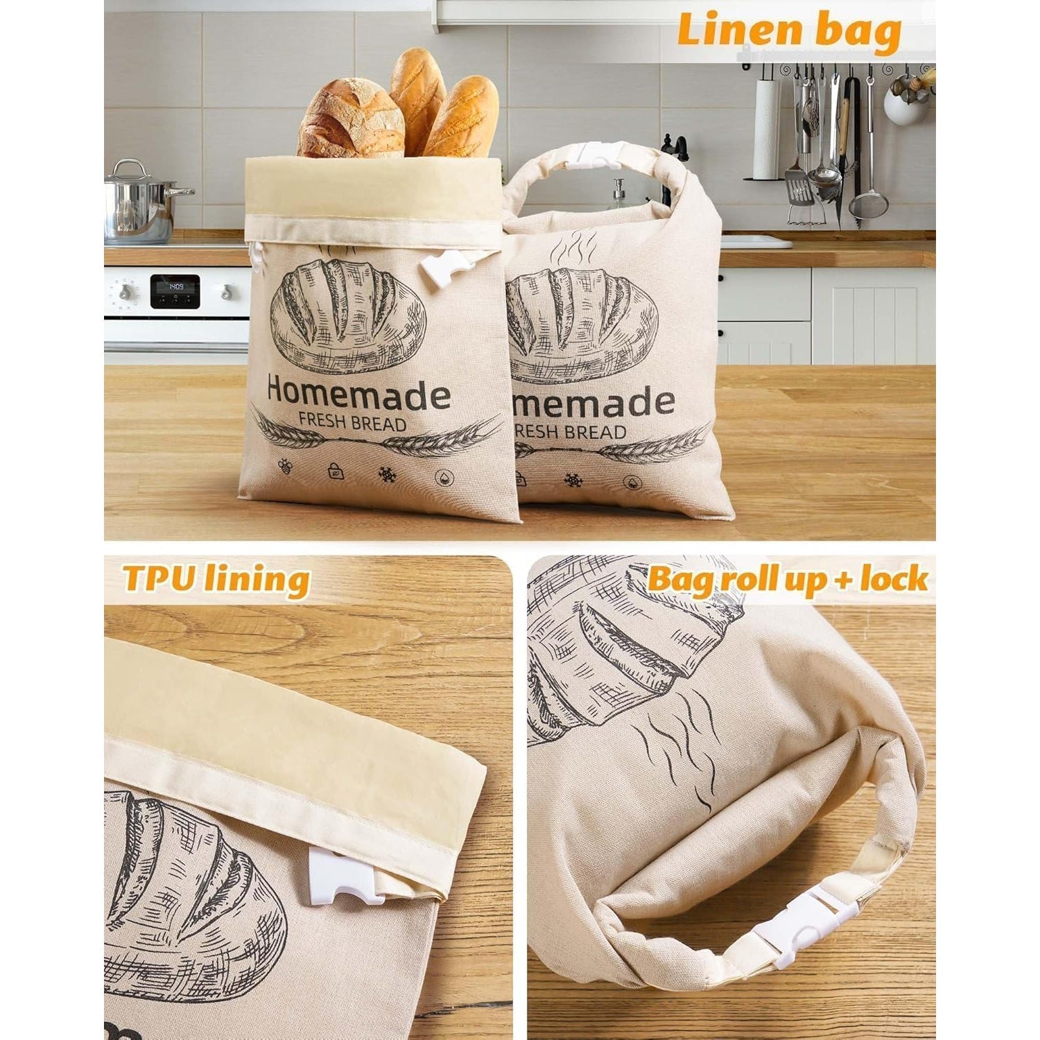 Beeswax Bread Bag Linen 17x12.6in Keeps Fresh 7 Days Freezer-Safe Reusable BeeBredix