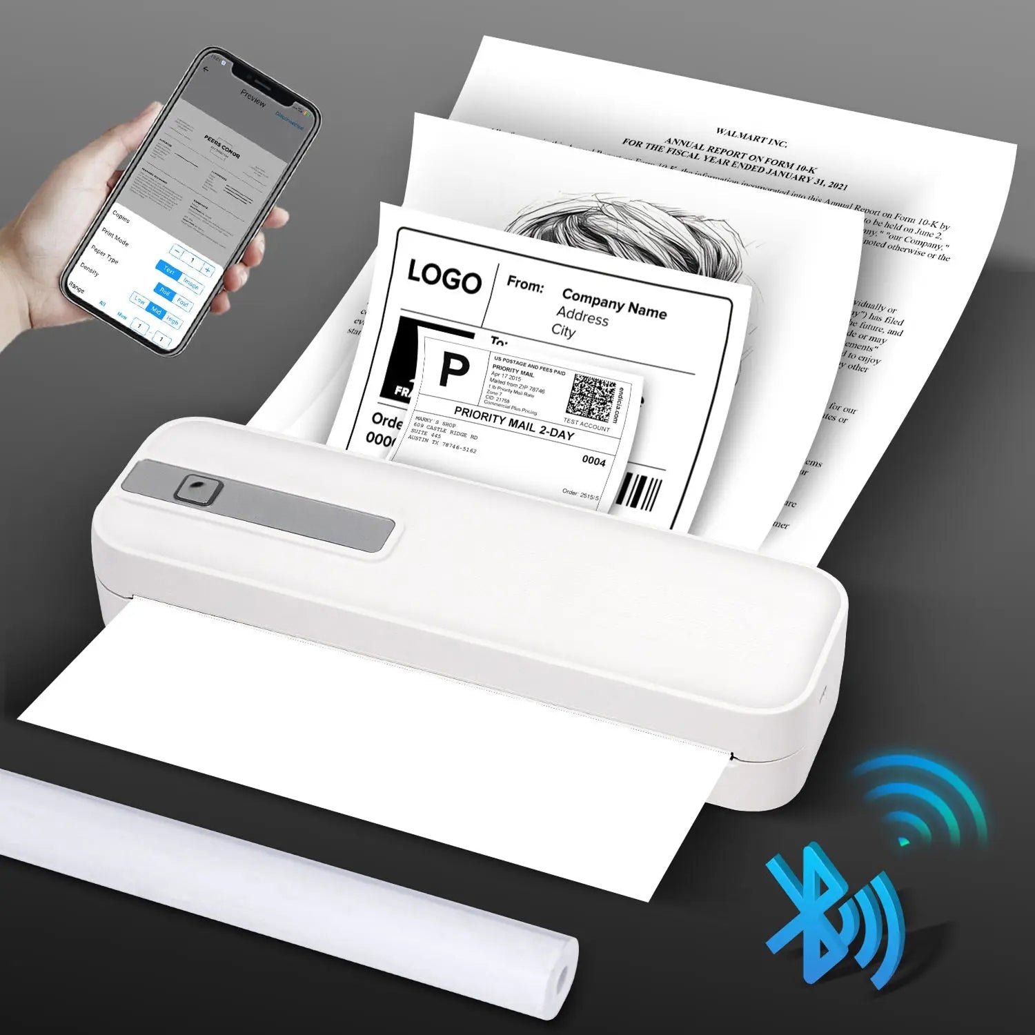 Portable Bluetooth Printer - Wireless Mobile Photo & Document Thermal Printer for Travel and Office