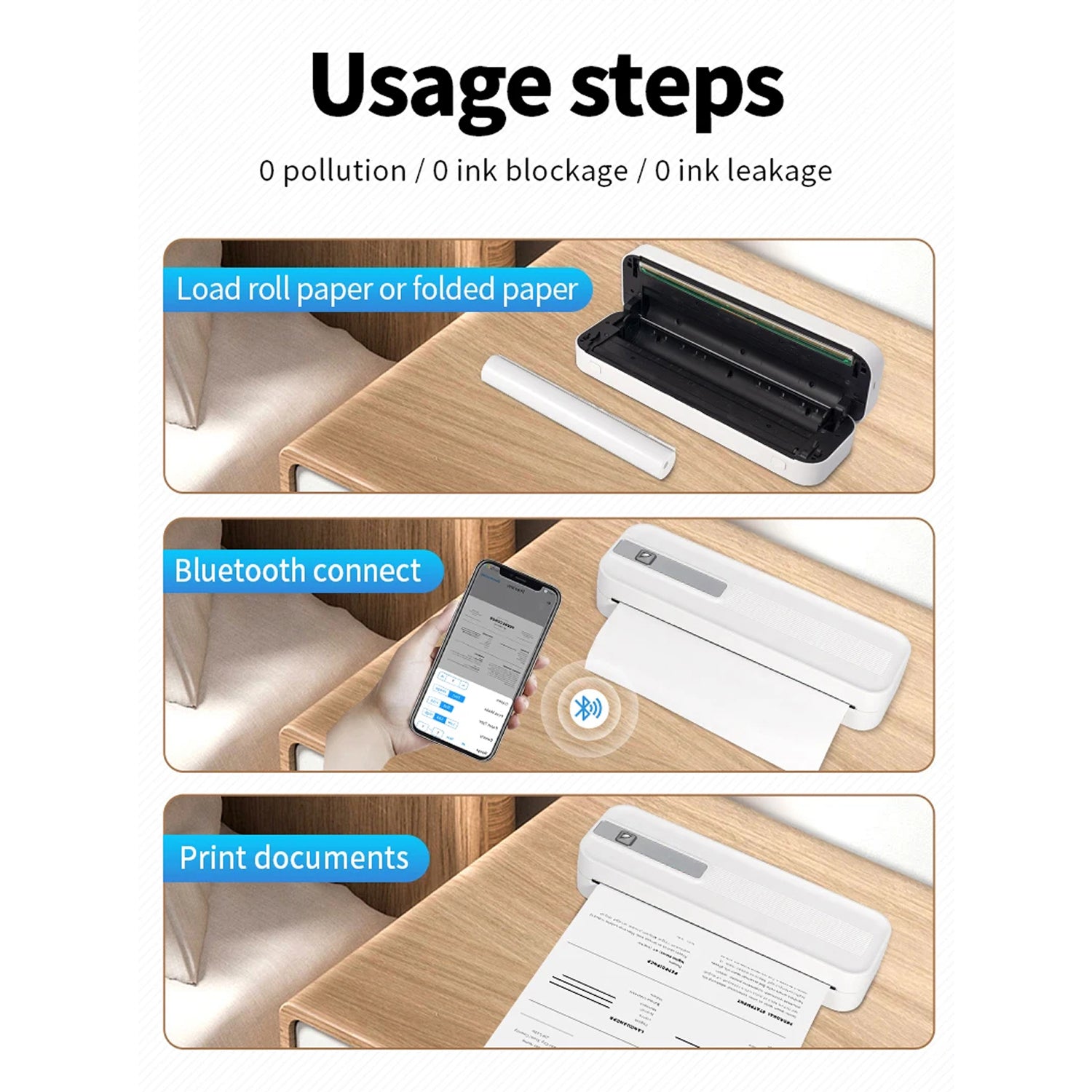 Portable Bluetooth Printer - Wireless Mobile Photo & Document Thermal Printer for Travel and Office