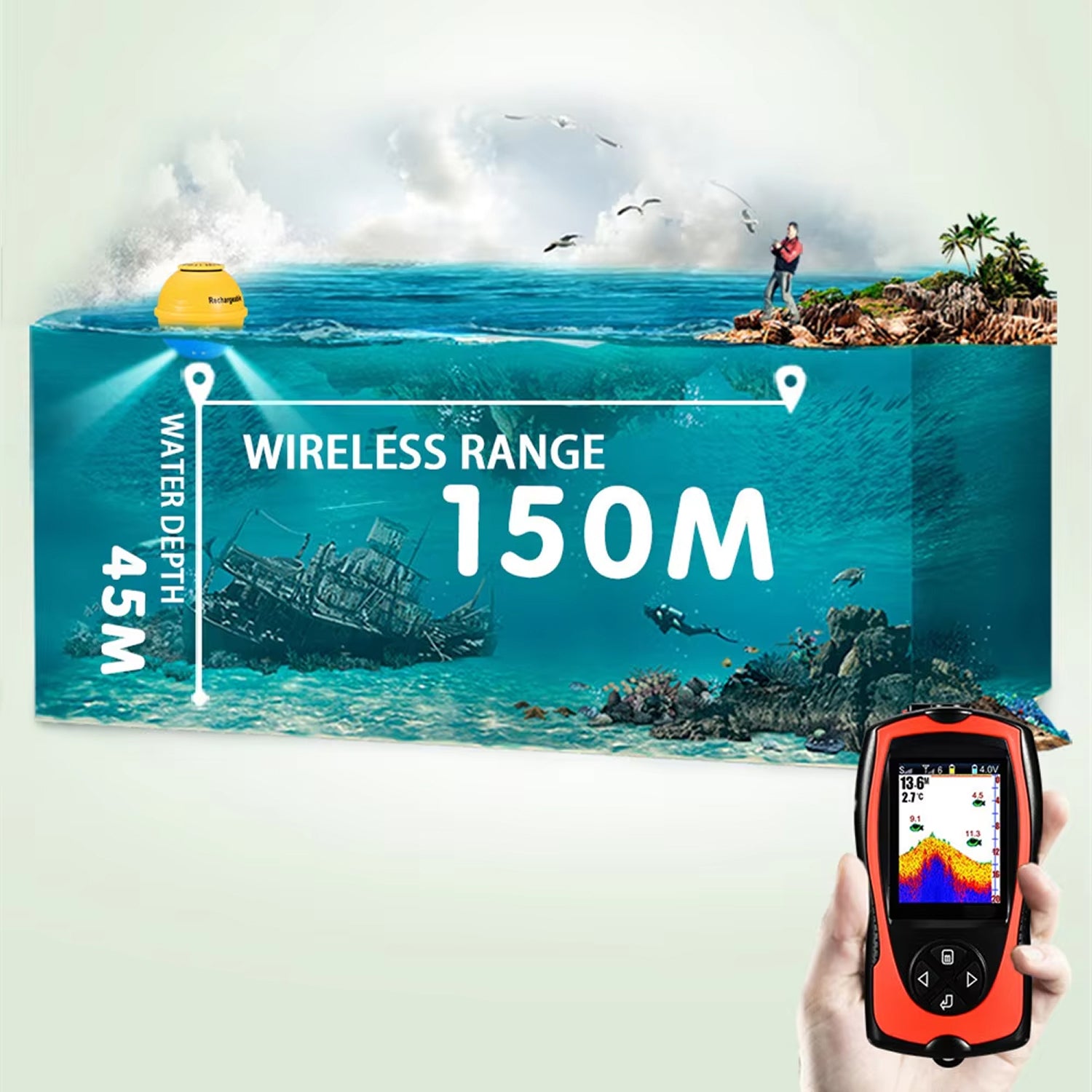 FixDerix Wireless Fish Finder 150m Range Portable Sonar with 2.4