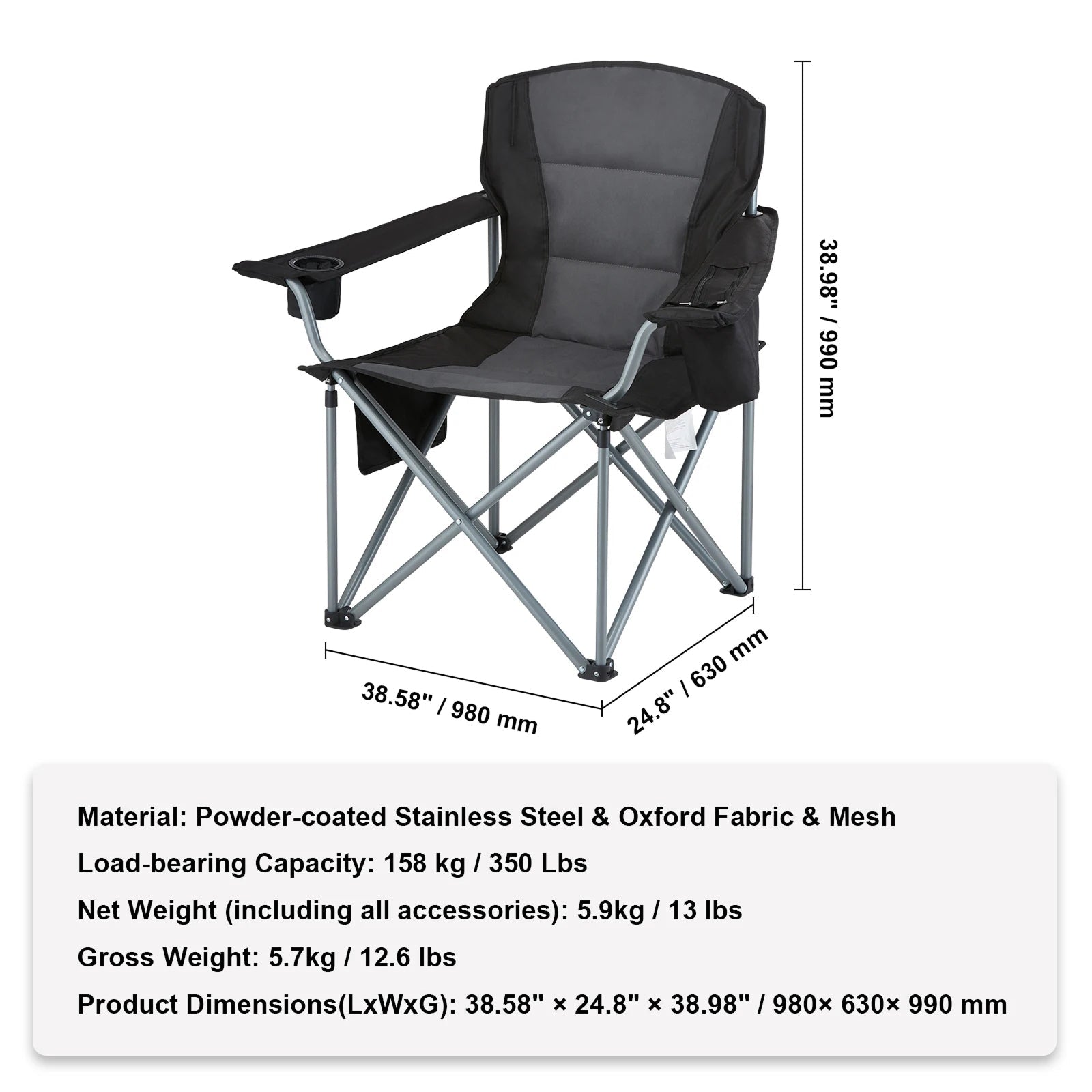 FisliChax Portable Fishing Chair 350 lbs Capacity Cooler Bag High Backrest 600D Oxford Foldable