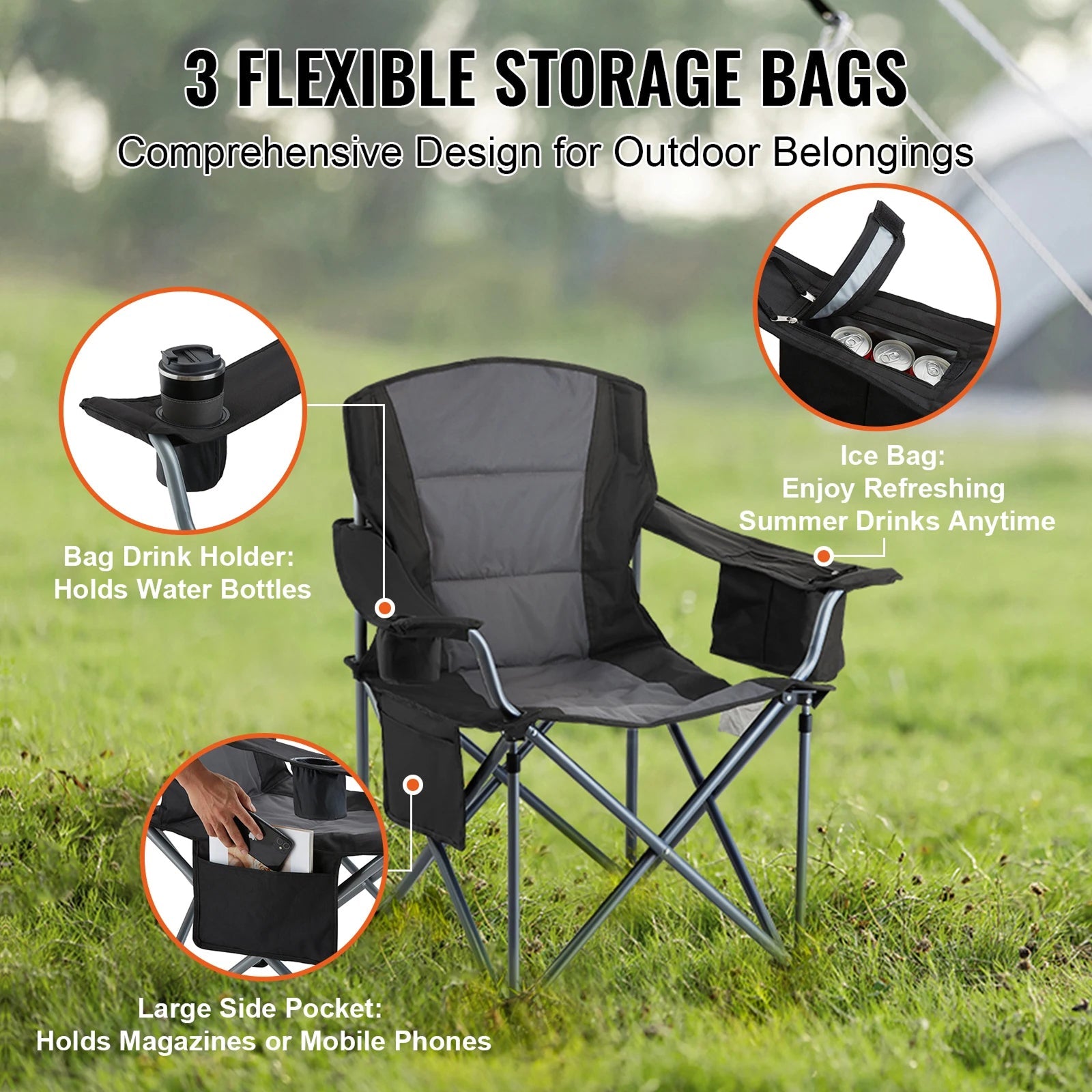FisliChax Portable Fishing Chair 350 lbs Capacity Cooler Bag High Backrest 600D Oxford Foldable
