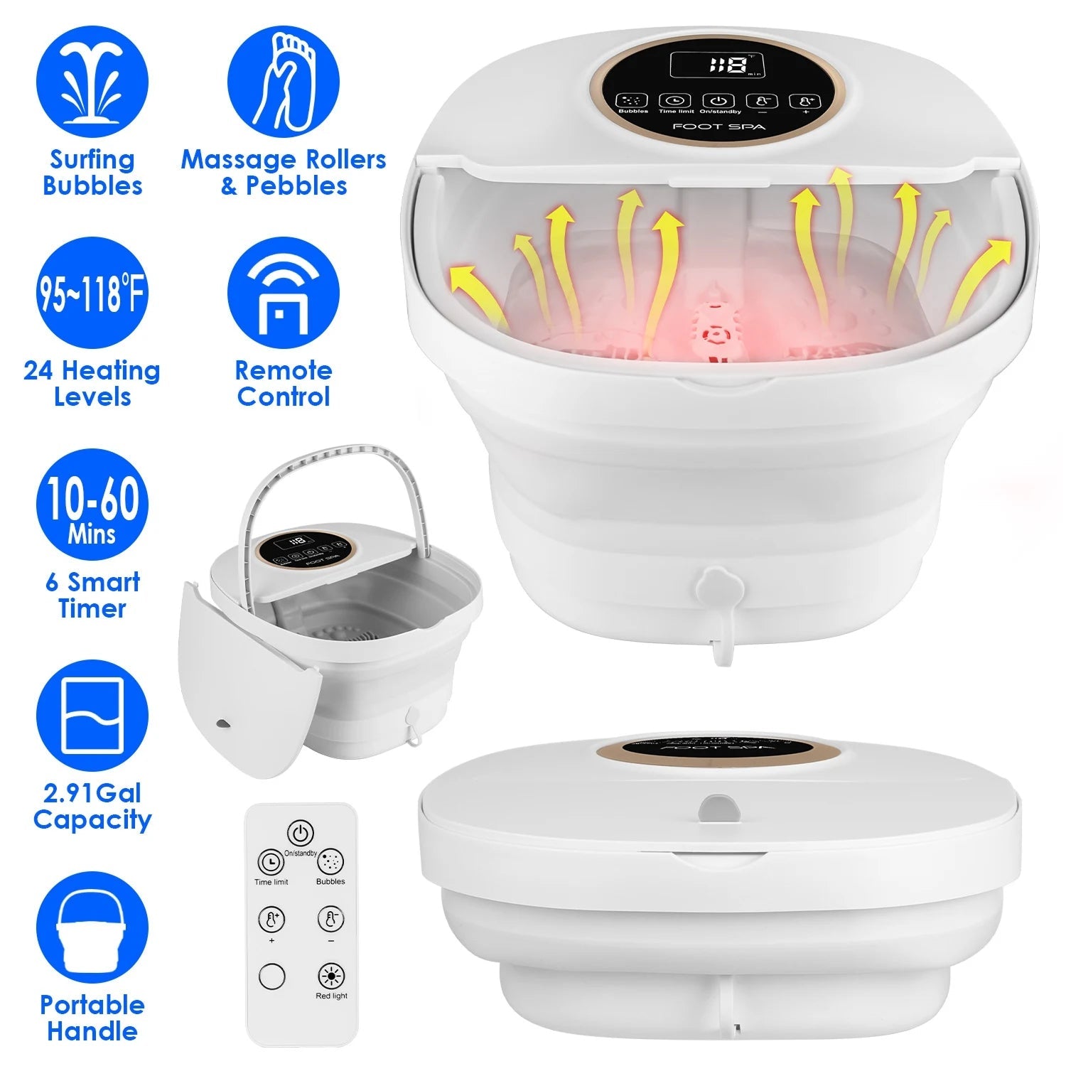 Collapsible Foot Spa Massager with Heat 11L Tub PTC Fast Heating Remote Control FotixBath