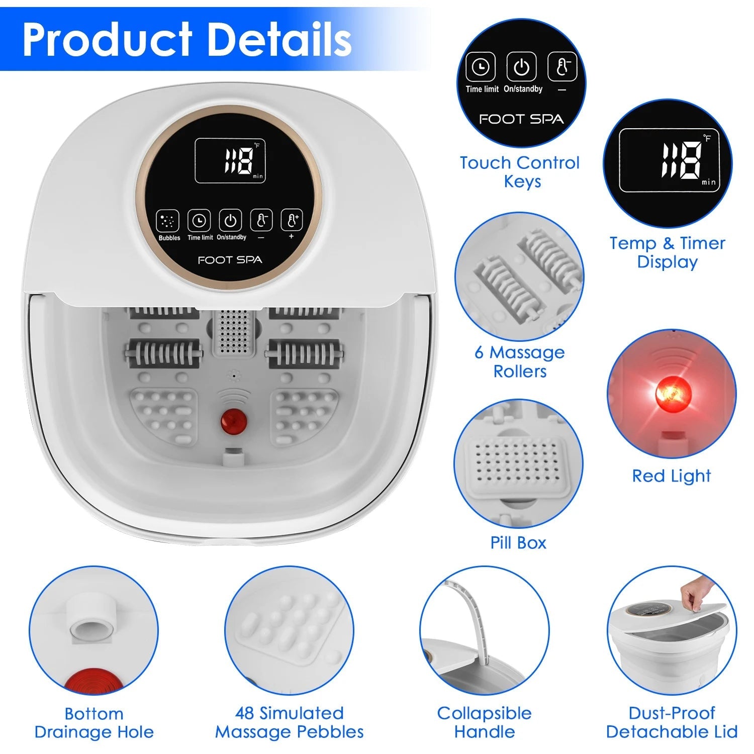 Collapsible Foot Spa Massager with Heat 11L Tub PTC Fast Heating Remote Control FotixBath