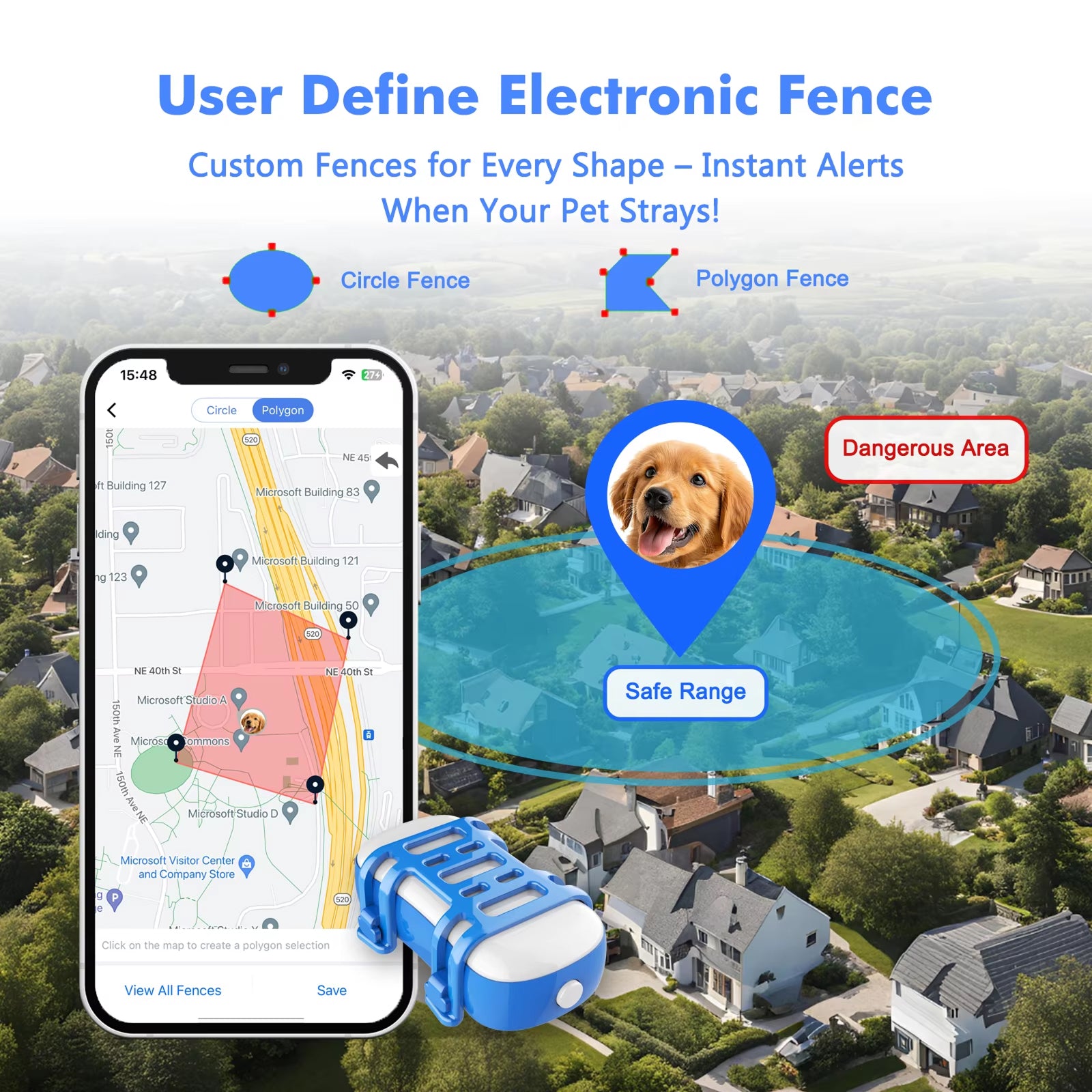 GeoPapup Dog GPS Tracker with 15-Day Battery, Instant Escape Alerts, IP67 Waterproofing and Dual-Mode Tracking