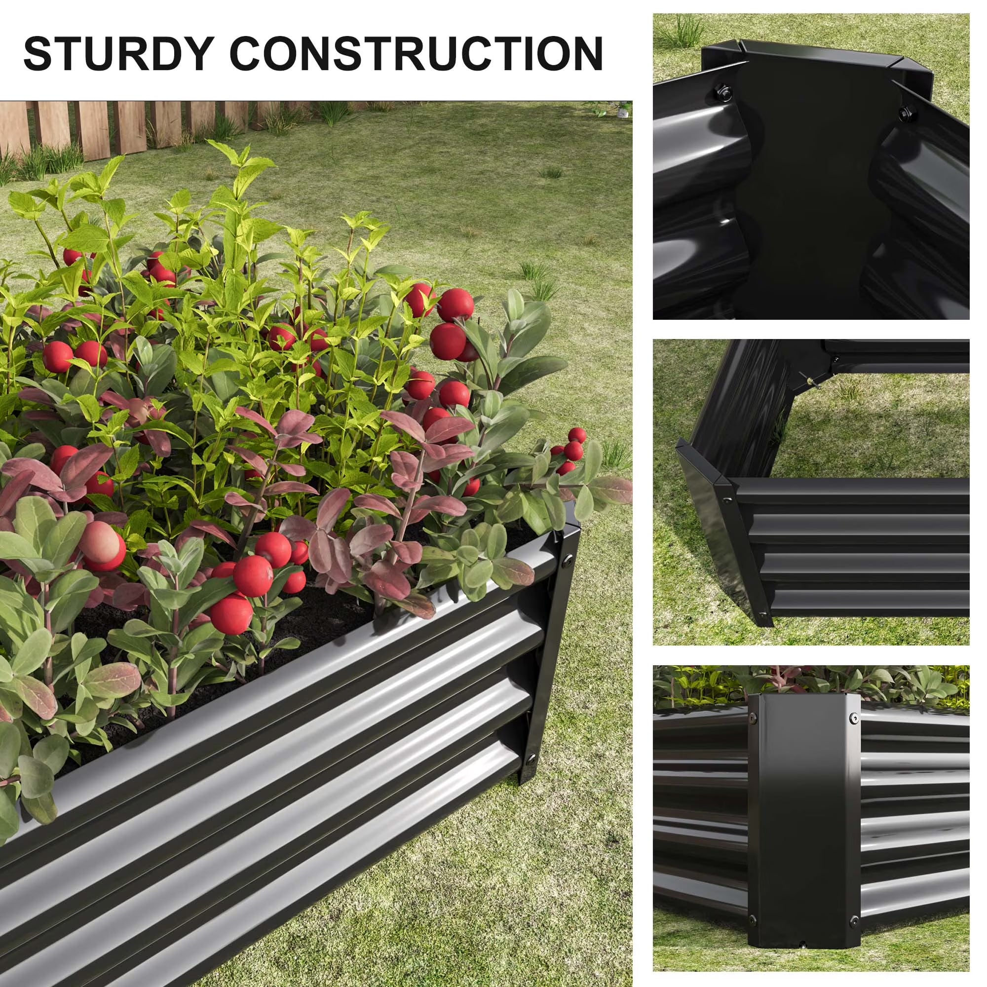 GoxiVamin Raised Garden Bed Galvanized Steel Planter Box with Safety Edges & Support Bars