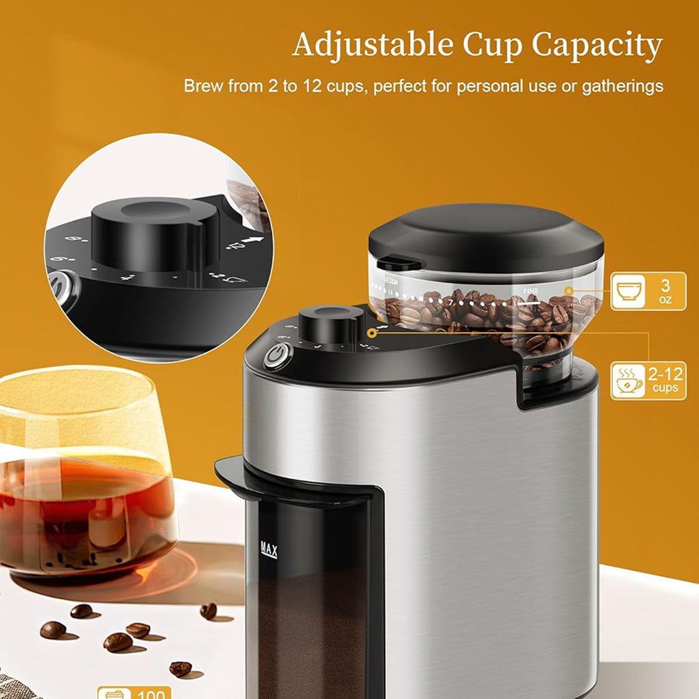 GrixFeni Precision Burr Coffee Grinder with 28 Grind Settings, Anti-Static Technology and 2–12 Cup Adjustable Capacity