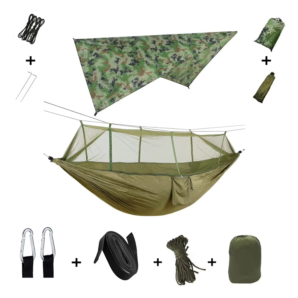Camping Hammock with Mosquito Net and Rain Fly Waterproof 210T Parachute Nylon Tent Tarp HamCapix