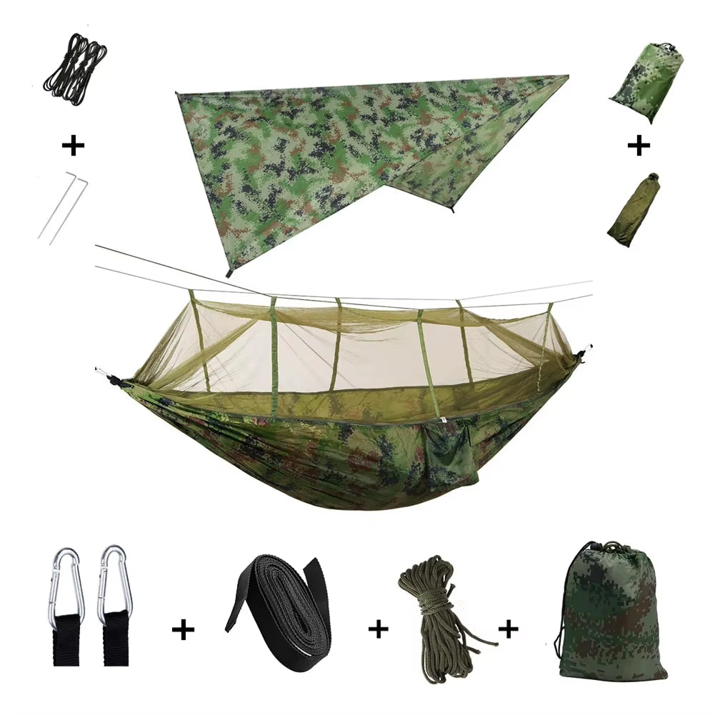 Camping Hammock with Mosquito Net and Rain Fly Waterproof 210T Parachute Nylon Tent Tarp HamCapix