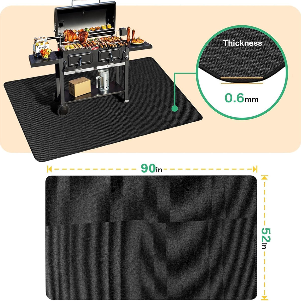 JoliBanix 90x52 Inch Under Grill Mat 2000F Fireproof 3 Layer BBQ Floor Protector