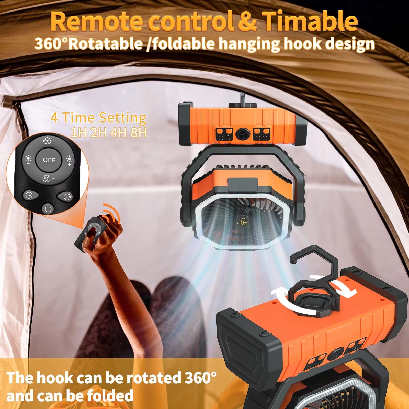 JoyWica Camping Fan 9000mAh Battery 58H Runtime Oscillating with LED Lantern and Power Bank