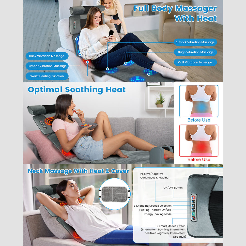 MajixLiva Full Body Massage Mat with 20 Kneading Neck Nodes, 10 Vibration Points, Waist Heat, and Detachable Foot Massager