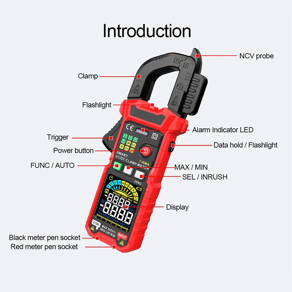 True RMS Digital Clamp Meter 6000 Counts AC DC Ammeter Voltmeter with NCV 36mm Jaw MereiCeci