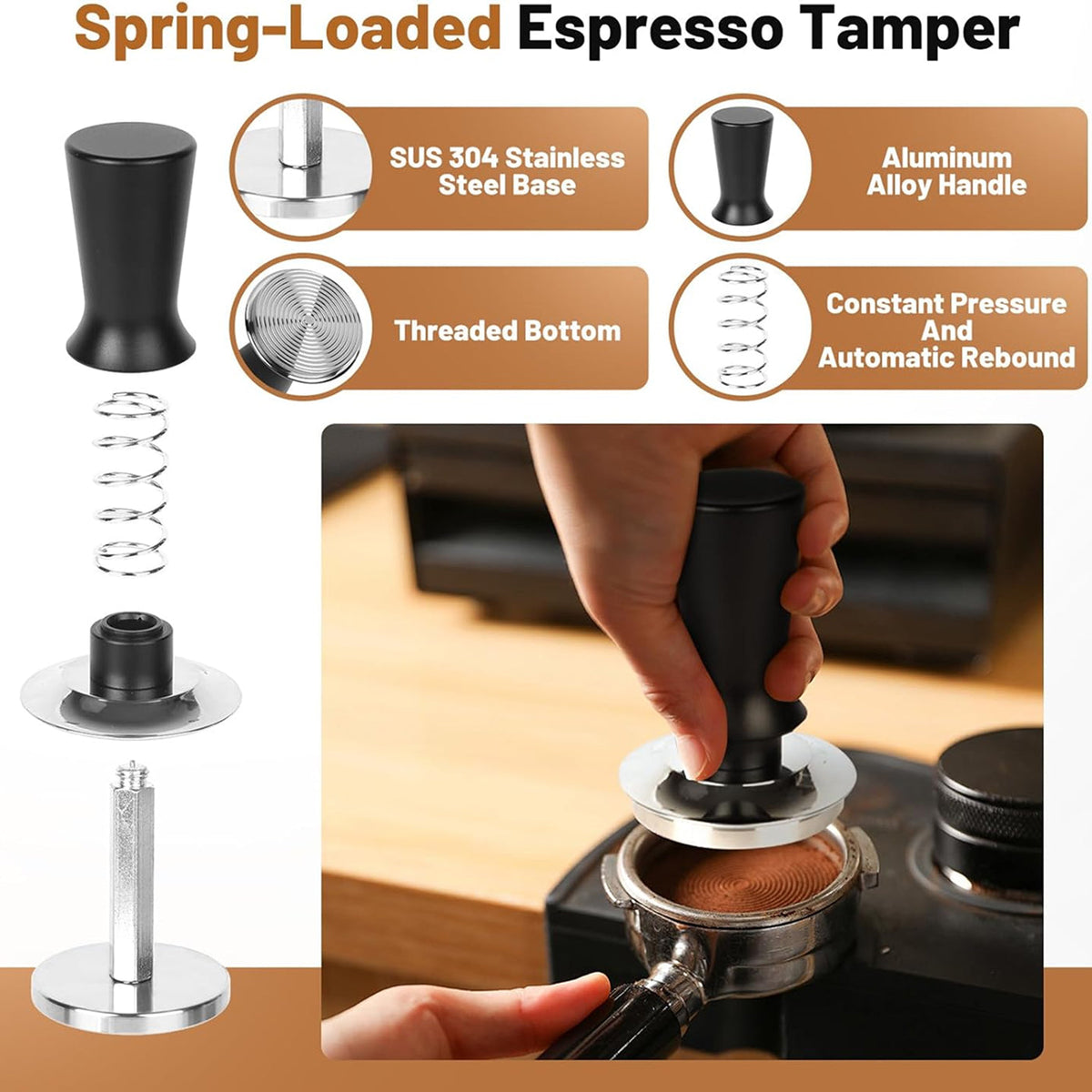 Stainless Steel Espresso Coffee Tamper - Flat Base Barista Tool for Espresso Machine