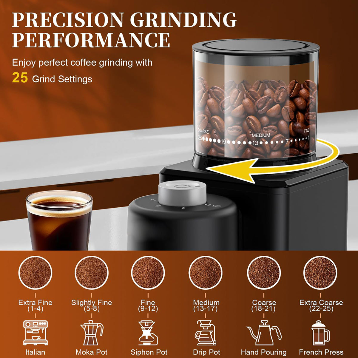 Electric Burr Espresso Coffee Grinder - Fine to Coarse Grind Settings