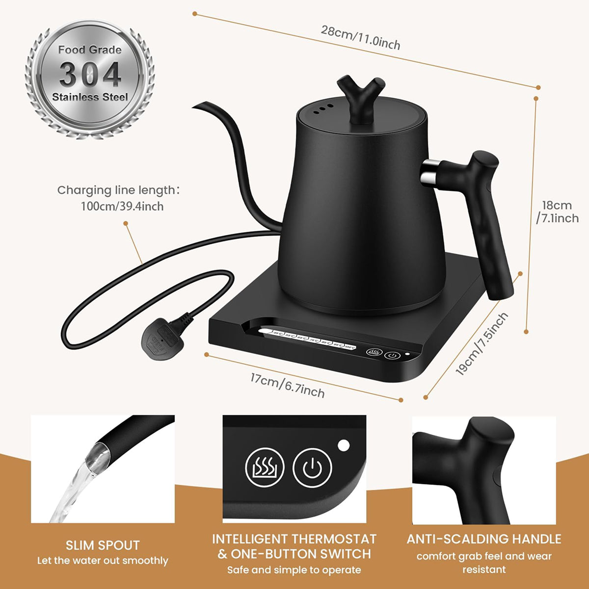 Stainless Steel Pour Over Gooseneck Kettle with Precision Spout for Coffee and Tea