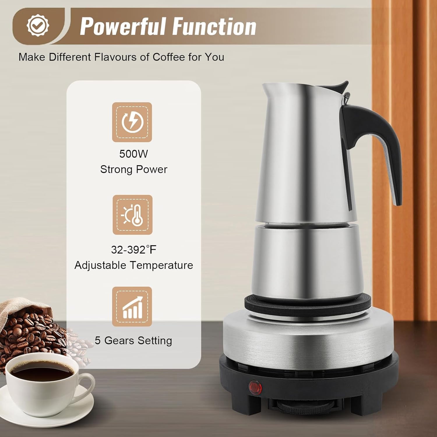PeviComak Electric Coffee Percolator 304 Stainless Steel with 5-Gear Temp Control