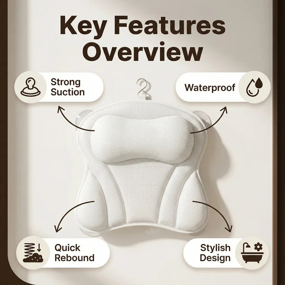 PilivKaxi Bath Pillow with 4D Air Mesh Neck and Back Support Non-Slip Suction Cups for Spa Relaxation