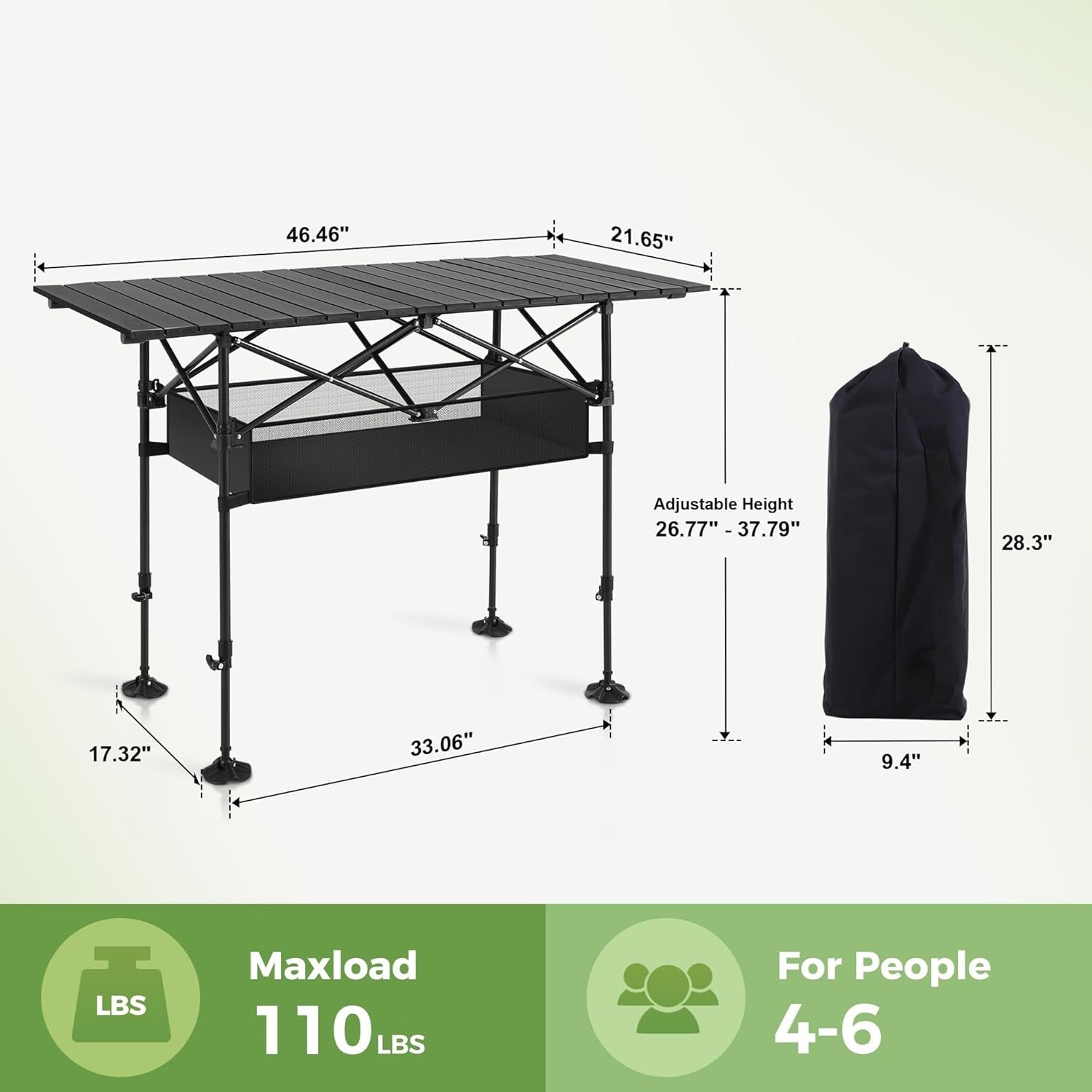 PimiTabix Folding Picnic Table Aluminum 12.3 lbs Adjustable Height 4-6 Person Roll-Up Top