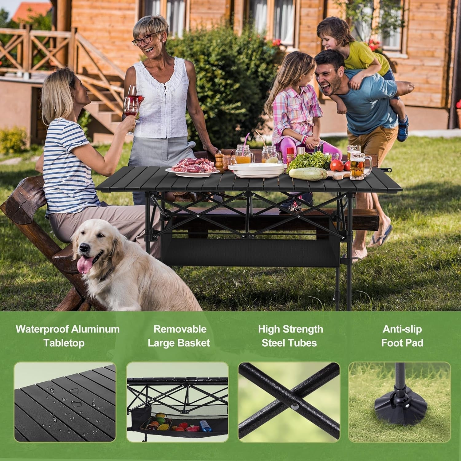 PimiTabix Folding Picnic Table Aluminum 12.3 lbs Adjustable Height 4-6 Person Roll-Up Top