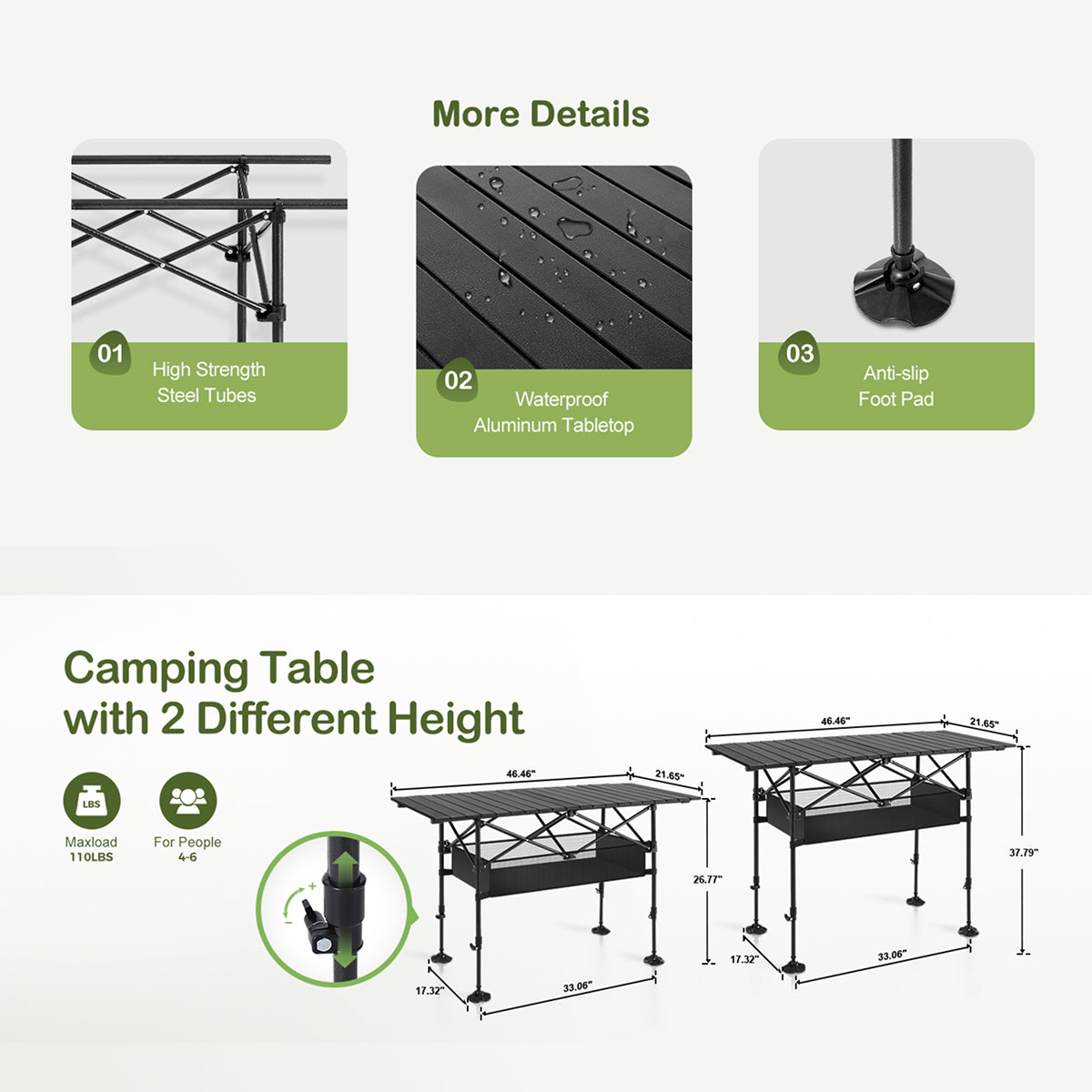 PimiTabix Folding Picnic Table Aluminum 12.3 lbs Adjustable Height 4-6 Person Roll-Up Top
