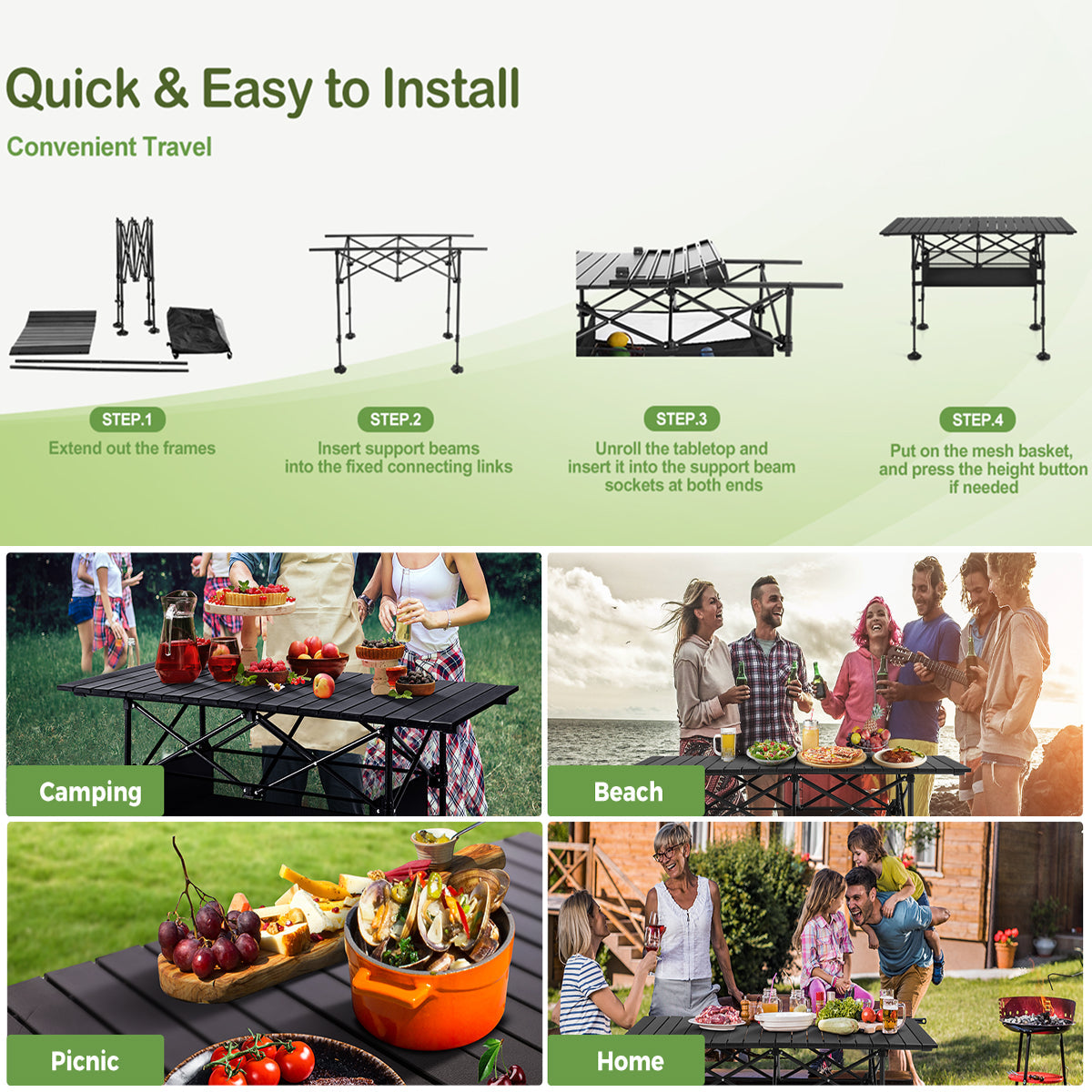 PimiTabix Folding Picnic Table Aluminum 12.3 lbs Adjustable Height 4-6 Person Roll-Up Top