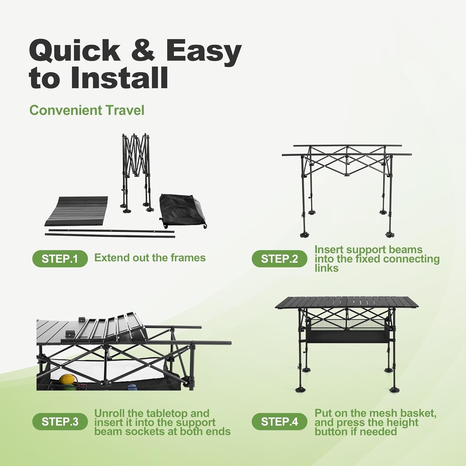 PimiTabix Folding Picnic Table Aluminum 12.3 lbs Adjustable Height 4-6 Person Roll-Up Top