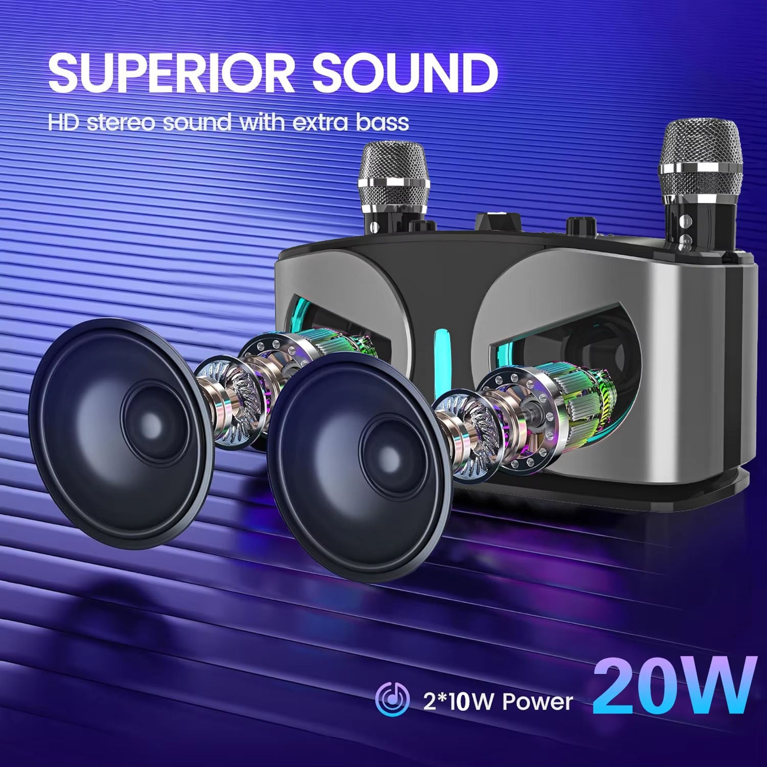 PocketMuzi Portable Karaoke Machine Dual 10W Bluetooth 5.3 Speaker with 2 Mics