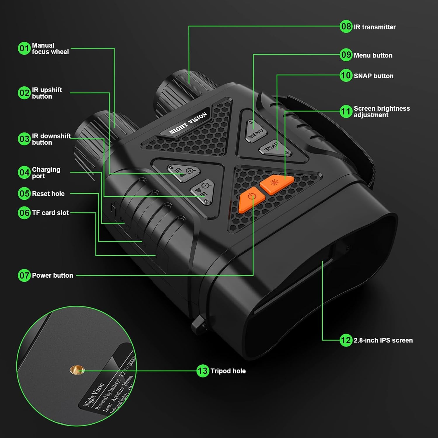 PossNiox Night Vision Binoculars 800m Range Military-Grade Infrared 10X Zoom HD Recording