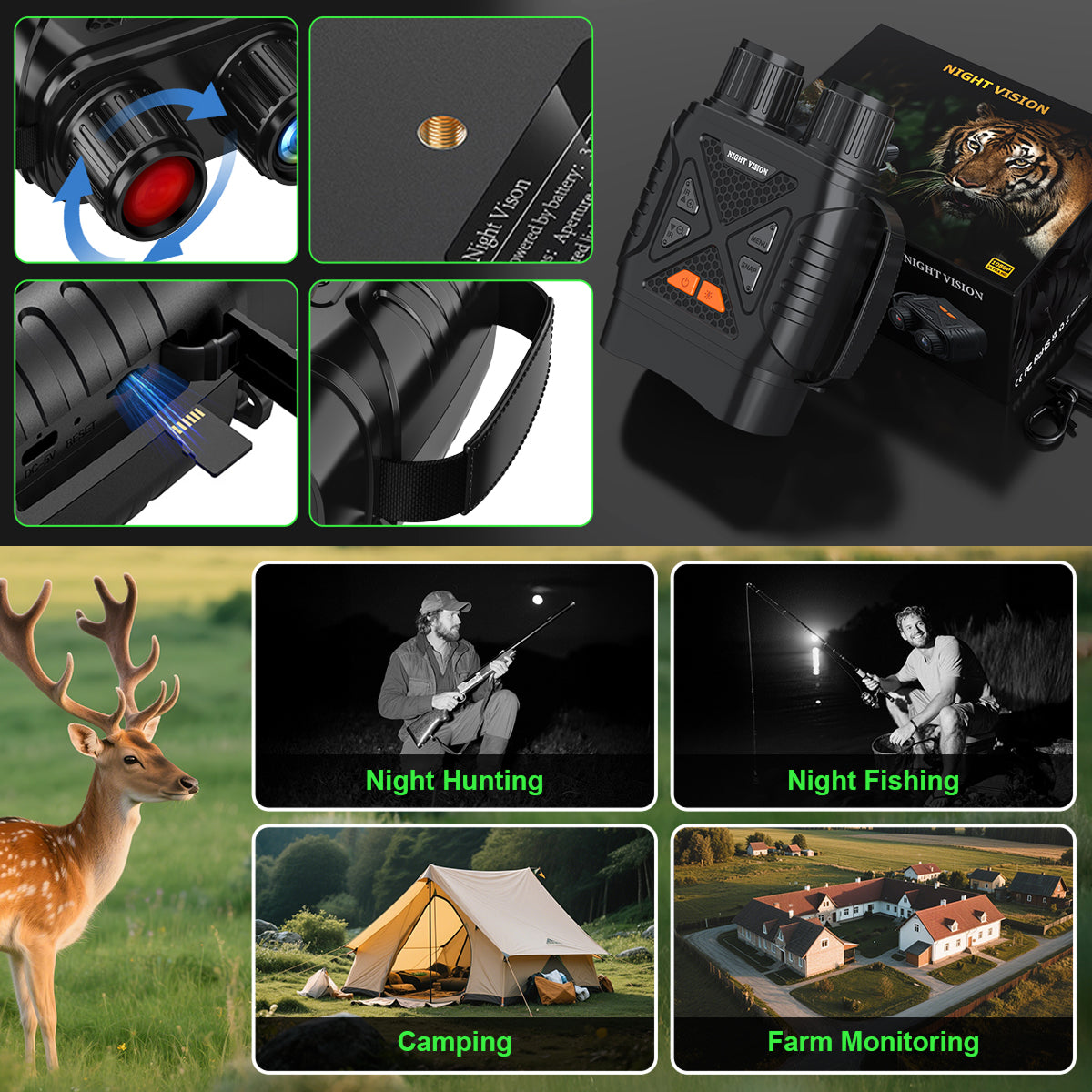 PossNiox Night Vision Binoculars 800m Range Military-Grade Infrared 10X Zoom HD Recording