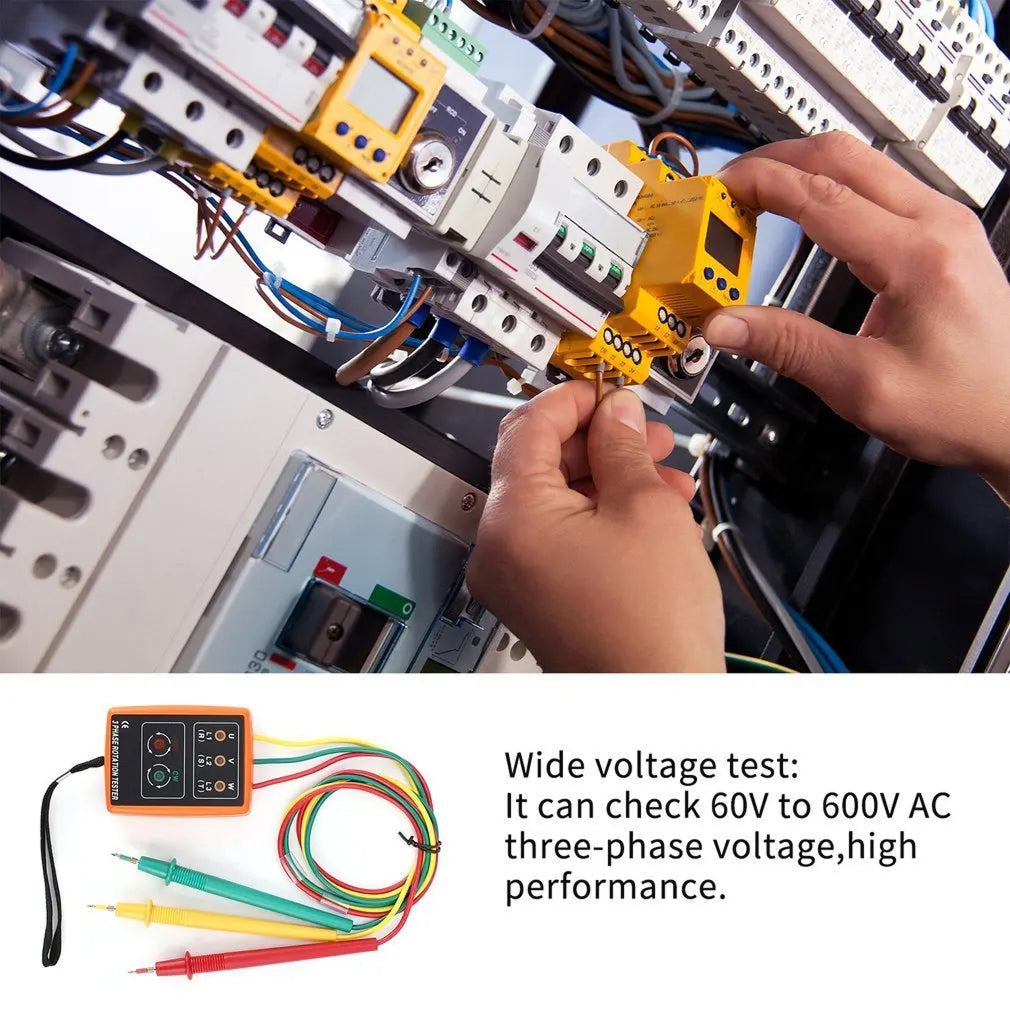 3 Phase Rotation Tester 60V-600V AC Sequence Indicator Meter with LED Buzzer Alligator Clips RotexLevi