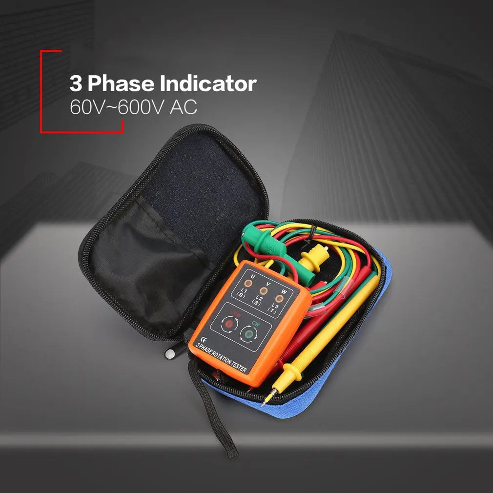 3 Phase Rotation Tester 60V-600V AC Sequence Indicator Meter with LED Buzzer Alligator Clips RotexLevi