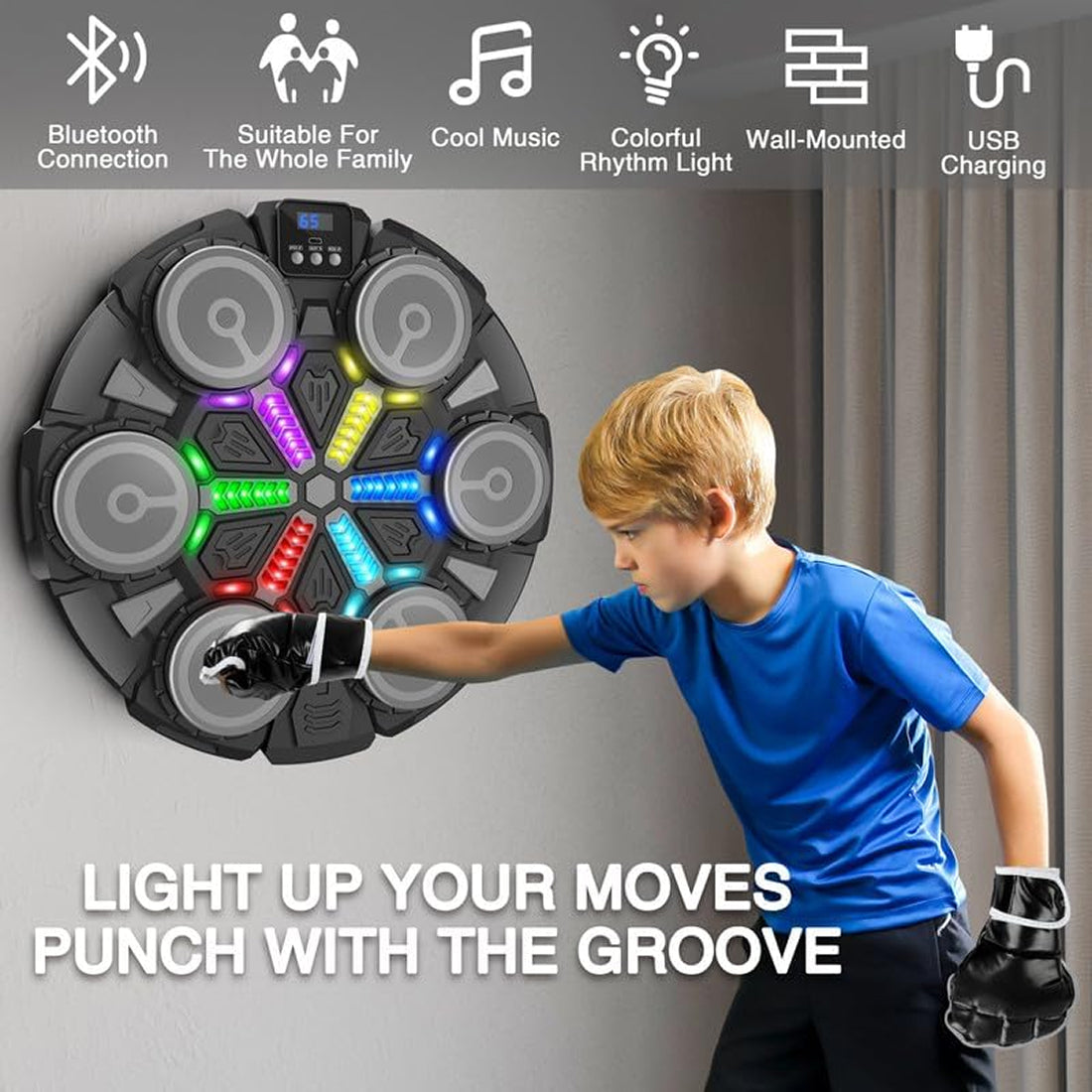 RythBoxi Smart Music Boxing Machine with RGB Rhythm Lights, Bluetooth Speakers, 3 Speed Modes and Wall-Mount Design