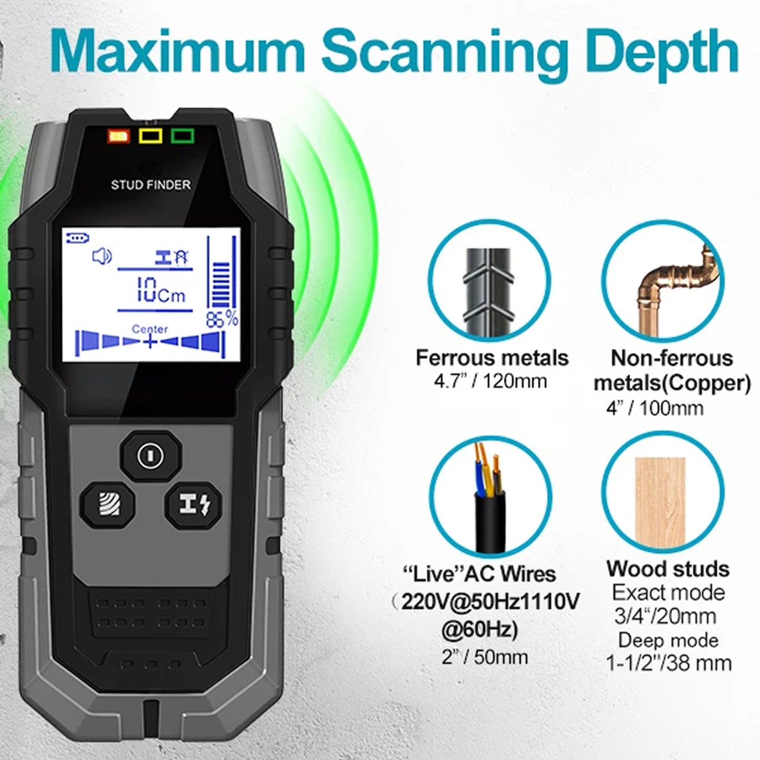 StixMika 5-in-1 Stud Finder 120mm Deep Metal Detection with Live AC Wire Warning and Tri-Color LED Alert