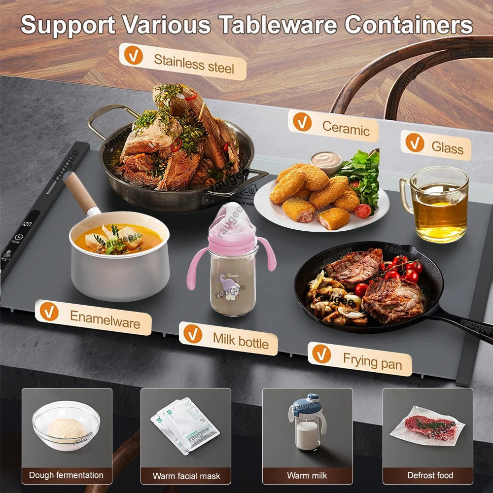 TrariLovi Electric Warming Tray Rollable Silicone 8-Temp 8H Timer 10-Sec Heat Splash-Proof