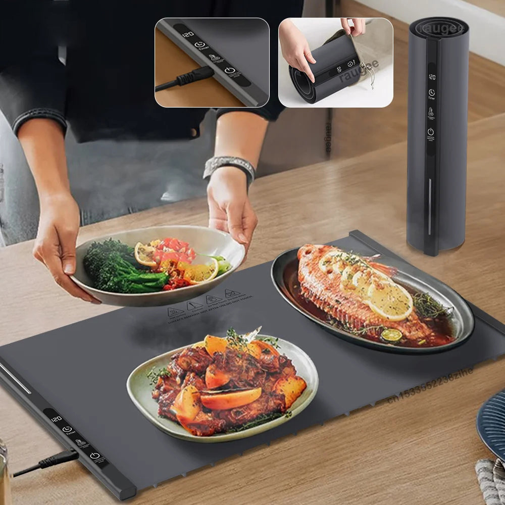 TrariLovi Electric Warming Tray Rollable Silicone 8-Temp 8H Timer 10-Sec Heat Splash-Proof